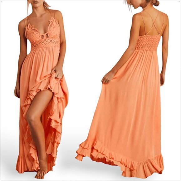 Free People Dresses & Skirts - Free People FP One Adella Pretty Peach Lace Maxi Slip Dress Summer NWT NEW M